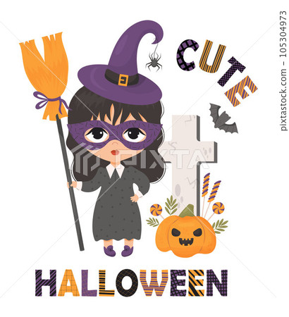 Cute Halloween. Girl in carnival mask in witch hat with spider and broom near grave cross pumpkin Jack with candy lollipops and bat. Vector illustration in cartoon style. kids collection card. Cute Halloween. Girl in carnival mask in witch hat with spider and broom near grave cross pumpkin Jack with candy lollipops and bat. Vector illustration in cartoon style. kids collection card. 105304973