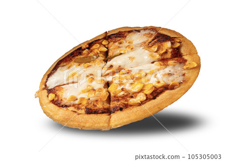 Corn pizza isolated on white background. Top view. Copy space. Corn pizza isolated on white background. Top view. Copy space. 105305003