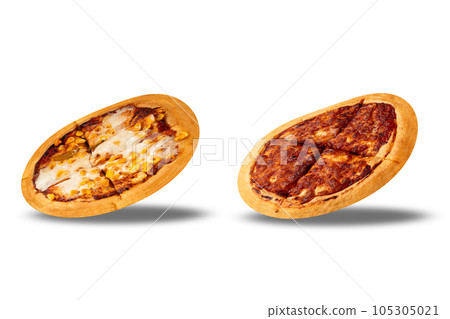 Two delicious hot Indian margherita pizza and corn pizza isolated on white background. top view. Two delicious hot Indian margherita pizza and corn pizza isolated on white background. top view. 105305021