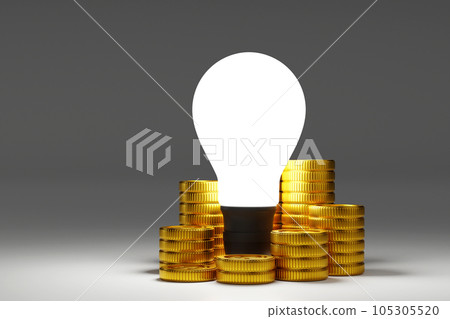 Light bulb with stock of gold coin, get idea to make money. 3D rendering. Light bulb with stock of gold coin, get idea to make money. 3D rendering. 105305520