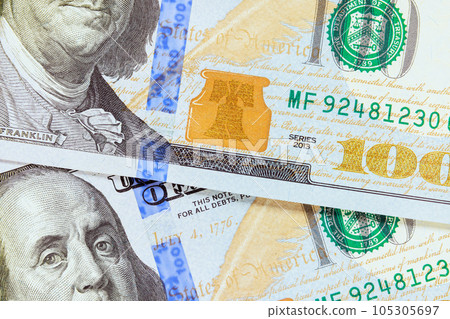 This provides detailed look at front side one hundred dollar money from United States of America Banknotes. This provides detailed look at front side one hundred dollar money from United States of America Banknotes. 105305697