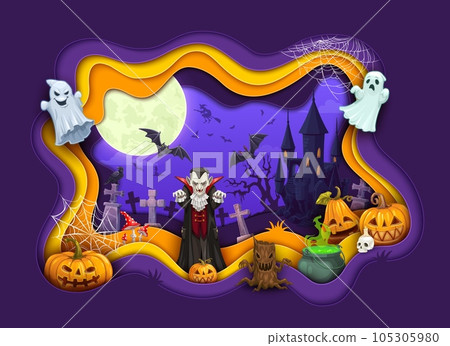 Halloween paper cut banner. Cartoon ghosts and cemetery graves crosses. Scary vampire monster, stump monster character and pumpkin lanterns, ancient castle, flying in sky bats on vector 3d background 105305980