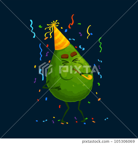 Cartoon avocado character on holiday party. Happy ecstatic vector fruit personage wear funny hat blowing pipe on spirited celebration, having great time at birthday or anniversary bash with decor 105306069