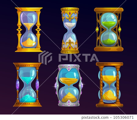 Magic sand glass clocks. Isolated sandglass, hourglass. Vector magical vintage glossy watches with transparent bulbs and golden sparkling grains countdown hours and minutes, game ui or gui elements 105306071
