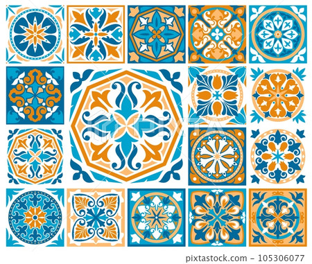 Moroccan and azulejo tile patterns. Majolica, talavera ornaments, flower and leaf ceramic mosaic. Vector portuguese, spanish or mexican tiles for wall and floor with arabesque pattern and floral motif 105306077