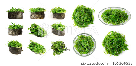 Chuka Seaweed, Gunkan Sushi Isolated, Edible Green Algae, Sea Vegetable, Green Chuka Seaweed Salad Set 105306533