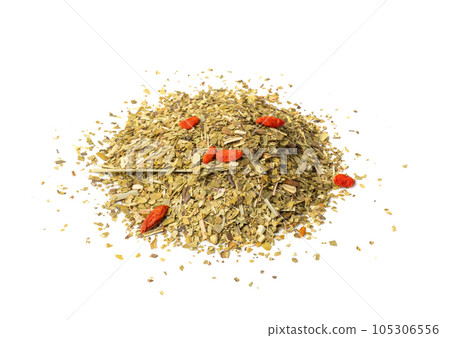 Green Tea Leaves Mix Isolated, Dry Fresh Herbal Tea Pile, Healthy Drink Ingredient, Green Tea Leaves on White Green Tea Leaves Mix Isolated, Dry Fresh Herbal Tea Pile, Healthy Drink Ingredient, Green Tea Leaves on White 105306556