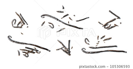 Vanilla Pod Isolated, Orchid Bean Sticks, Dry Vanillin Pods, Natural Vanilla Stick on White Background 105306593
