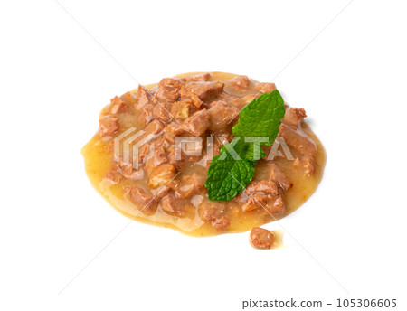 Wet Pet Food Isolated, Cat Diet, Puppy Food Brown Pieces Pile, Dog Meal on White Background 105306605