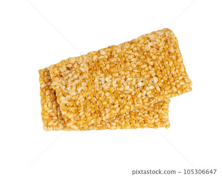 Sesame Snack Isolated, Honey Seed Cracker, Sesame Candy Bar on White Background 105306647