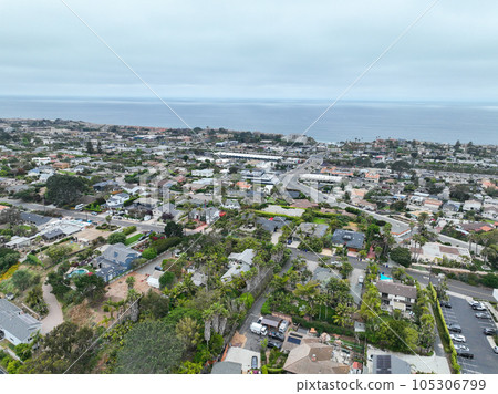 Aerial view of Del Mar coastline and beach, San Diego County, California, USA. Aerial view of Del Mar coastline and beach, San Diego County, California, USA. 105306799