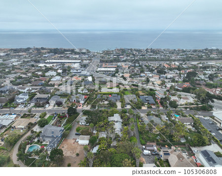 Aerial view of Del Mar coastline and beach, San Diego County, California, USA. Aerial view of Del Mar coastline and beach, San Diego County, California, USA. 105306808