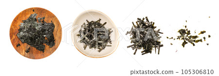 Nori Pieces Isolated, Dried Aonori Seaweed Flakes, Dry Sea Weed Torn Sheet, Seaweed Crumbles, Nori Pieces on White 105306810