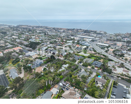Aerial view of Del Mar coastline and beach, San Diego County, California, USA. Aerial view of Del Mar coastline and beach, San Diego County, California, USA. 105306816