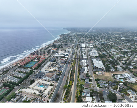 Aerial view of Del Mar coastline and beach, San Diego County, California, USA. Aerial view of Del Mar coastline and beach, San Diego County, California, USA. 105306852