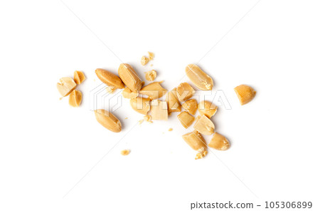 Crumbled Peanuts Isolated, Broken Roasted Arachis Nuts, Heap of Pea Nut Crumbs, Whole Groundnut Pieces 105306899