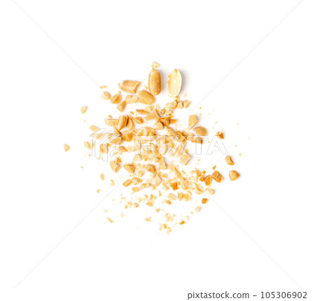 Crumbled Peanuts Isolated, Broken Roasted Arachis Nuts, Heap of Pea Nut Crumbs, Whole Groundnut Pieces Crumbled Peanuts Isolated, Broken Roasted Arachis Nuts, Heap of Pea Nut Crumbs, Whole Groundnut Pieces 105306902