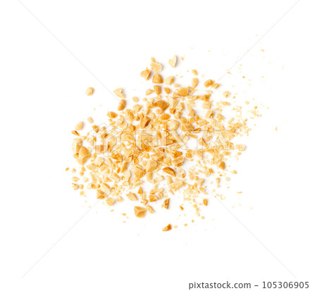 Crumbled Peanuts Isolated, Broken Roasted Arachis Nuts, Heap of Pea Nut Crumbs, Whole Groundnut Pieces Crumbled Peanuts Isolated, Broken Roasted Arachis Nuts, Heap of Pea Nut Crumbs, Whole Groundnut Pieces 105306905