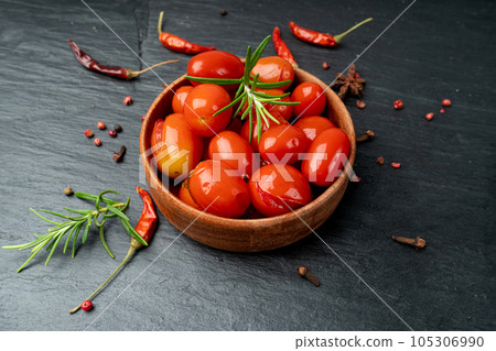 Pickled Cherry Tomatoes Isolated, Canned Small Tomato, Healthy Fermented Vegetables, Salted Marinated Food 105306990