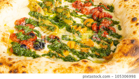 Pizza Filling Texture Background, Pepperoni Pizza with Different Tomatoes Closeup, Traditional Italian Flatbread 105306998