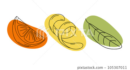 Set of 3 elements lemon zest, orange slice and green leaf with colorful abstract spot in trendy hues Set of 3 elements lemon zest, orange slice and green leaf with colorful abstract spot in trendy hues 105307011