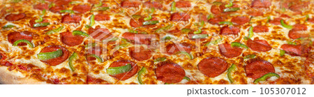 Pepperoni Pizza Texture Background, Salami Pizza with Green Paprika Pattern, XL Traditional Italian Flatbread Pepperoni Pizza Texture Background, Salami Pizza with Green Paprika Pattern, XL Traditional Italian Flatbread 105307012