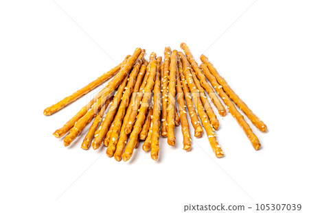 Bread Sticks, Pretzel Straws, Sesame Grissini, Pretzels Snack with Sesame Seeds, Long Rusks Bread Sticks, Pretzel Straws, Sesame Grissini, Pretzels Snack with Sesame Seeds, Long Rusks 105307039