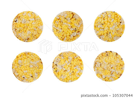 Puffed Corn Cake Isolated, Corn Diet Bread with Fragrant Herbs and Spices, Waffle with Corns, Rice, Cereal Snack 105307044