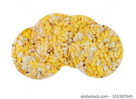 Puffed Corn Cake Isolated, Corn Diet Bread with Fragrant Herbs and Spices, Waffle with Corns, Rice, Cereal Snack Puffed Corn Cake Isolated, Corn Diet Bread with Fragrant Herbs and Spices, Waffle with Corns, Rice, Cereal Snack 105307045