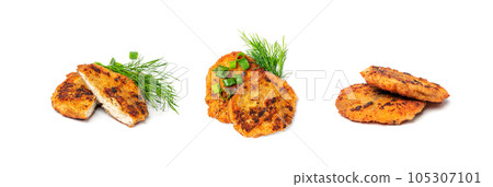 Schnitzel Isolated, Roasted Breaded Chicken Fillet, Homemade Escalope, Viennese Schnitzel on White 105307101