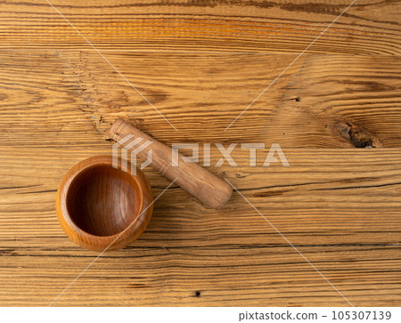 Wooden Mortar Isolated, Wood Pounder and Pestle, Empty Mortar Bowl, Vintage Kitchen Equipment Wooden Mortar Isolated, Wood Pounder and Pestle, Empty Mortar Bowl, Vintage Kitchen Equipment 105307139