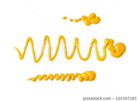 Mustard Sauce Splash Isolated, Dijon Honey Mustard Line, Smeared Cream Border, Liquid Dressing Wave 105307165