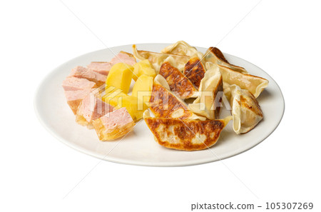 Gyoza Chinese Dumplings, Fried Vegetable Jiaozi with Boiled Potatoes and Canned Meat 105307269