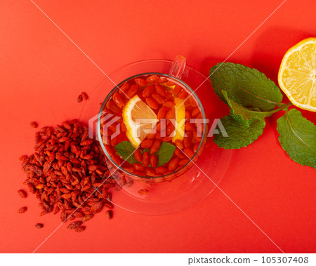 Goji Berry Tea Isolated, Lycium Barbaru Drink Goji Berry Tea Isolated, Lycium Barbaru Drink 105307408