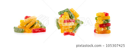 Rainbow Gummy Candy Pile Isolated, Sour Jelly Candies Strips in Sugar Sprinkle Rainbow Gummy Candy Pile Isolated, Sour Jelly Candies Strips in Sugar Sprinkle 105307425