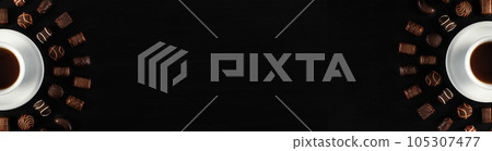 Bonbon Chocolate Pralines Texture Background, Cocoa Candies Banner, Chocolate Praline on Black 105307477