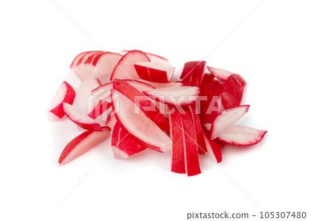 Chopped Radish Roots Isolated, Red Root Cuts, Diced Red Radishes Pile, Sliced Radis on White Background Chopped Radish Roots Isolated, Red Root Cuts, Diced Red Radishes Pile, Sliced Radis on White Background 105307480