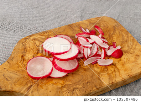 Sliced Radish Roots, Red Root Round Cuts, Red Radishes Slice Pile, Radis cross sections on White Sliced Radish Roots, Red Root Round Cuts, Red Radishes Slice Pile, Radis cross sections on White 105307486