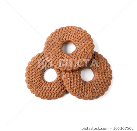 Chocolate Biscuit Rings Isolated, Black Cookie Circles, Dark Soft Biscuits, Round Butter Cookies 105307503