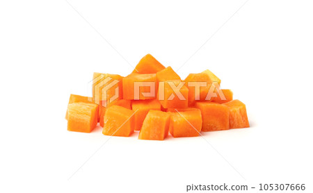 Fresh Diced Carrot, Raw Carrot Cubes Closeup, Chopped Orange Root Vegetable, Diced Carrots Pile 105307666