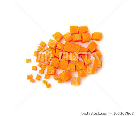 Fresh Diced Carrot, Raw Carrot Cubes Closeup, Chopped Orange Root Vegetable, Diced Carrots Pile 105307668