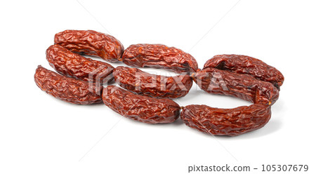 Dry Smoked Sausages Isolated, Salami Sticks, Kielbasa, Cabanossi, Kabanos, Dry Embutido, Chorizo, Bratwurst 105307679