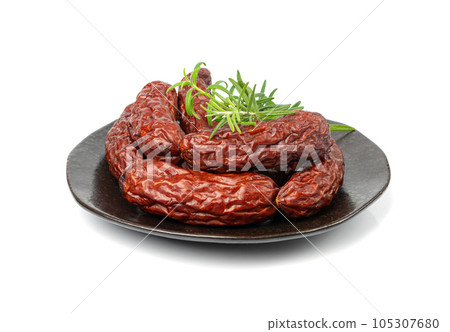 Dry Smoked Sausages Isolated, Salami Sticks, Kielbasa, Cabanossi, Kabanos, Dry Embutido, Chorizo, Bratwurst 105307680