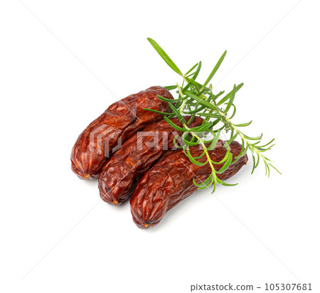 Dry Smoked Sausages Isolated, Salami Sticks, Kielbasa, Cabanossi, Kabanos, Dry Embutido, Chorizo, Bratwurst 105307681