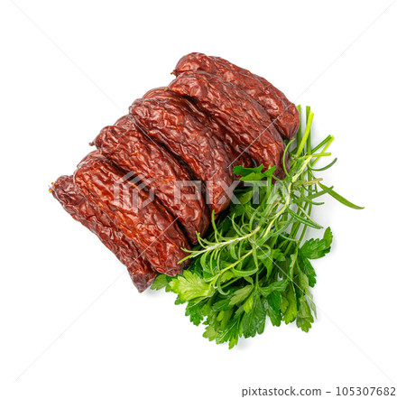Dry Smoked Sausages Isolated, Salami Sticks, Kielbasa, Cabanossi, Kabanos, Dry Embutido, Chorizo, Bratwurst Dry Smoked Sausages Isolated, Salami Sticks, Kielbasa, Cabanossi, Kabanos, Dry Embutido, Chorizo, Bratwurst 105307682