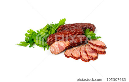 Dry Smoked Sausages Isolated, Salami Sticks, Kielbasa, Cabanossi, Kabanos, Dry Embutido, Chorizo, Bratwurst 105307683