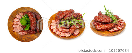Dry Smoked Sausages Isolated, Salami Sticks, Kielbasa, Cabanossi, Kabanos, Dry Embutido, Chorizo, Bratwurst 105307684
