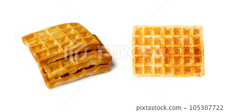 Belgian Waffle Isolated, Square Waffled Cookie, Soft Golden Belgian Waffles, Wafer Biscuit Breakfast 105307722