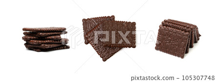 Biscuit Coated in Dark Chocolate Isolated, Square Cookies, Rectangular Shortbread, Crunchy Digestive Cookie Biscuit Coated in Dark Chocolate Isolated, Square Cookies, Rectangular Shortbread, Crunchy Digestive Cookie 105307748