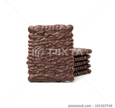 Biscuit Coated in Dark Chocolate Isolated, Square Cookies, Rectangular Shortbread, Crunchy Digestive Cookie 105307749
